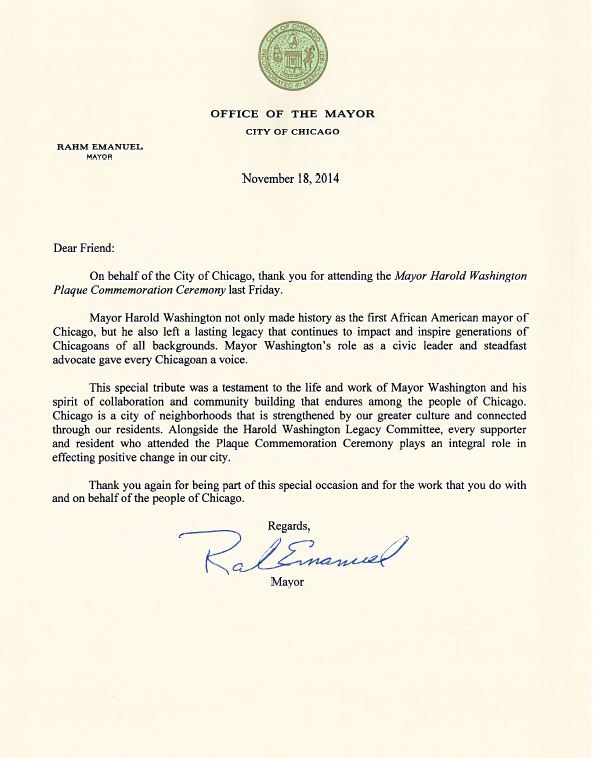 A Thank You Letter From Mayor Rahm Emanuel